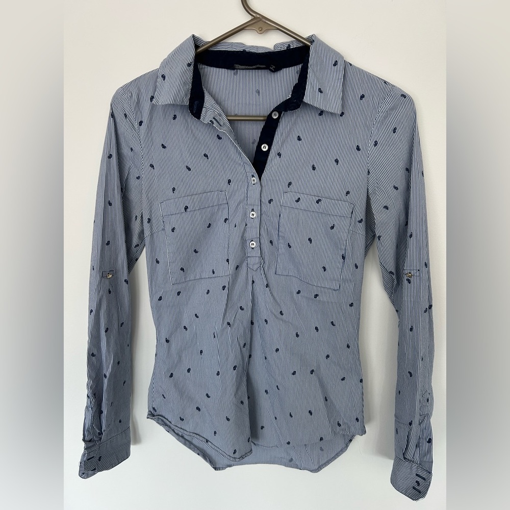 ZARA Blue Stripped Quarter Buttoned Collared Dress Shirt Size S